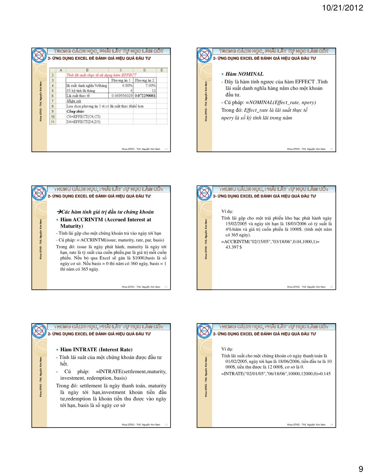 Bài giảng Tin học ứng dụng trong kinh doanh - Chương II: Ứng dụng excel trong quản lý tài chính - Nguyễn Kim Nam trang 9