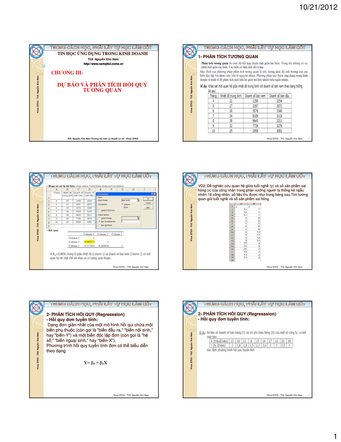 Bài giảng Tin học ứng dụng trong kinh doanh - Chương III: Dự báo và phân tích hồi quy tương quan - Nguyễn Kim Nam trang 1
