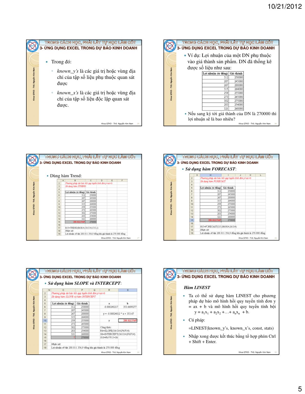 Bài giảng Tin học ứng dụng trong kinh doanh - Chương III: Dự báo và phân tích hồi quy tương quan - Nguyễn Kim Nam trang 5