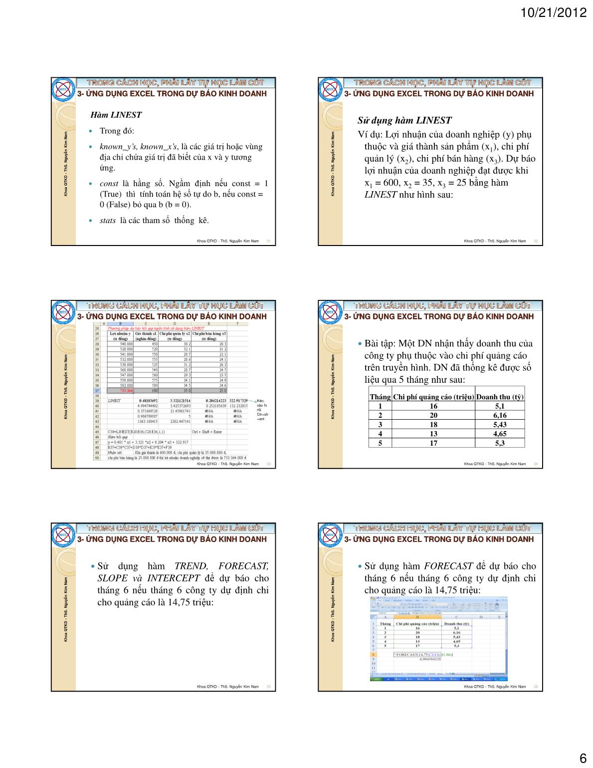 Bài giảng Tin học ứng dụng trong kinh doanh - Chương III: Dự báo và phân tích hồi quy tương quan - Nguyễn Kim Nam trang 6