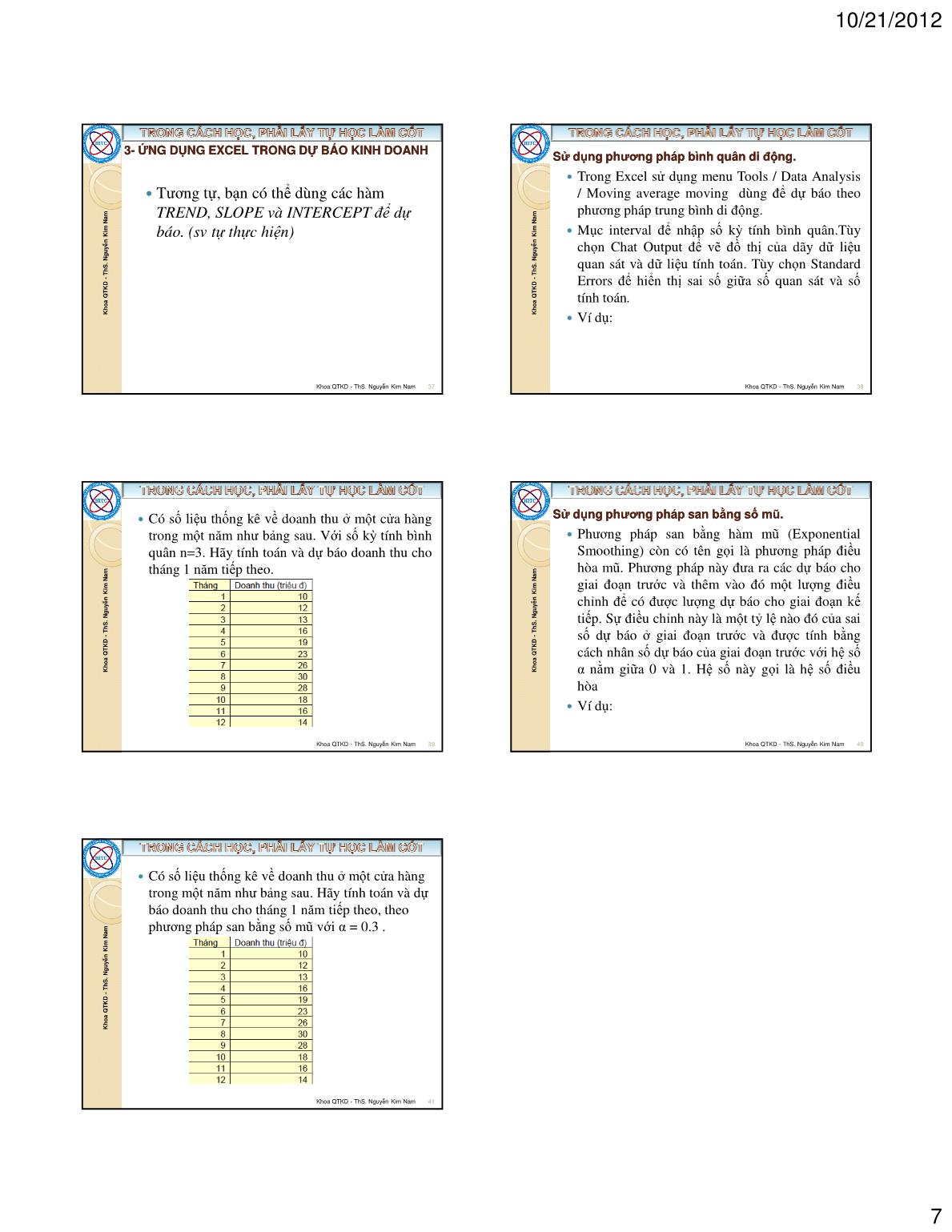 Bài giảng Tin học ứng dụng trong kinh doanh - Chương III: Dự báo và phân tích hồi quy tương quan - Nguyễn Kim Nam trang 7