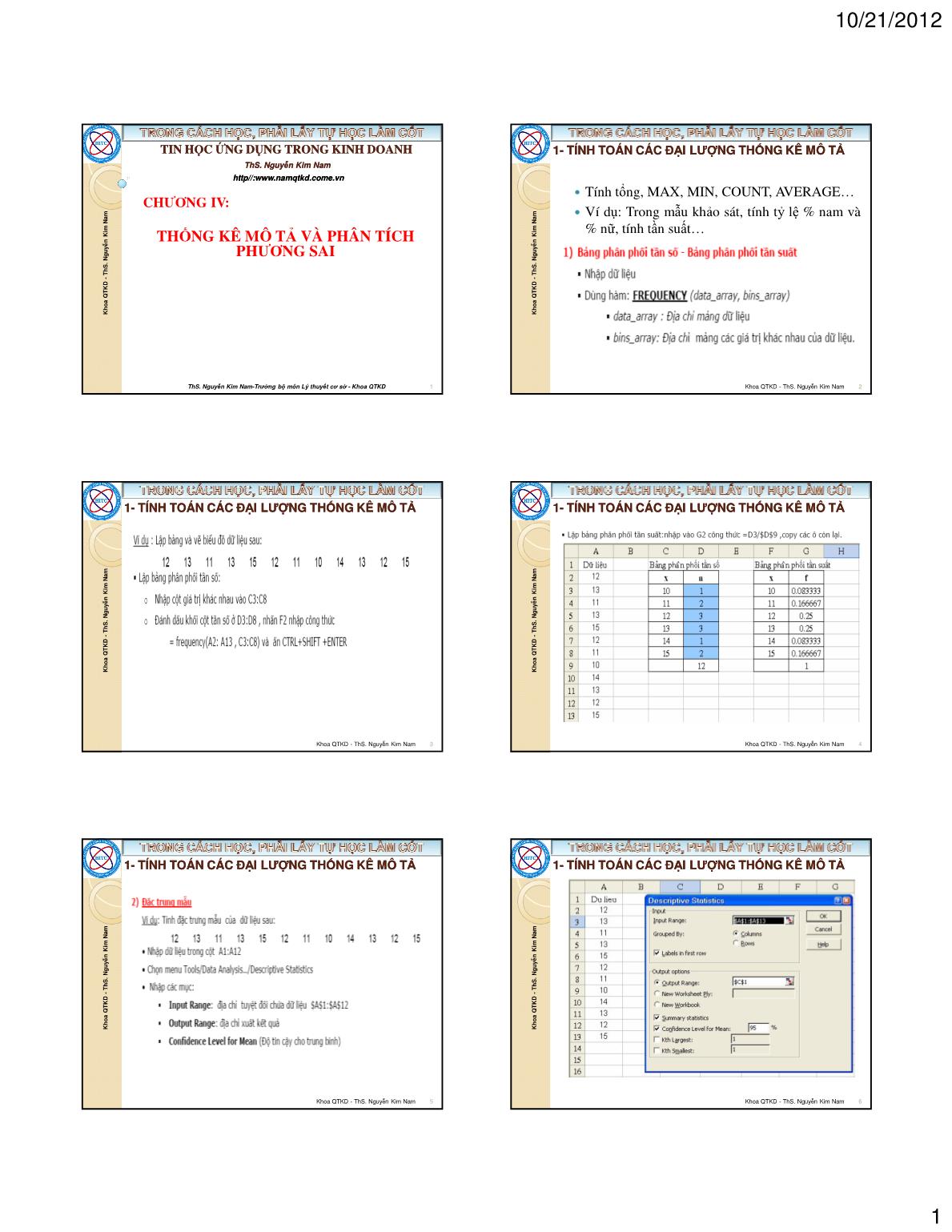 Bài giảng Tin học ứng dụng trong kinh doanh - Chương IV: Thống kê mô tả và phân tích phương sai - Nguyễn Kim Nam trang 1