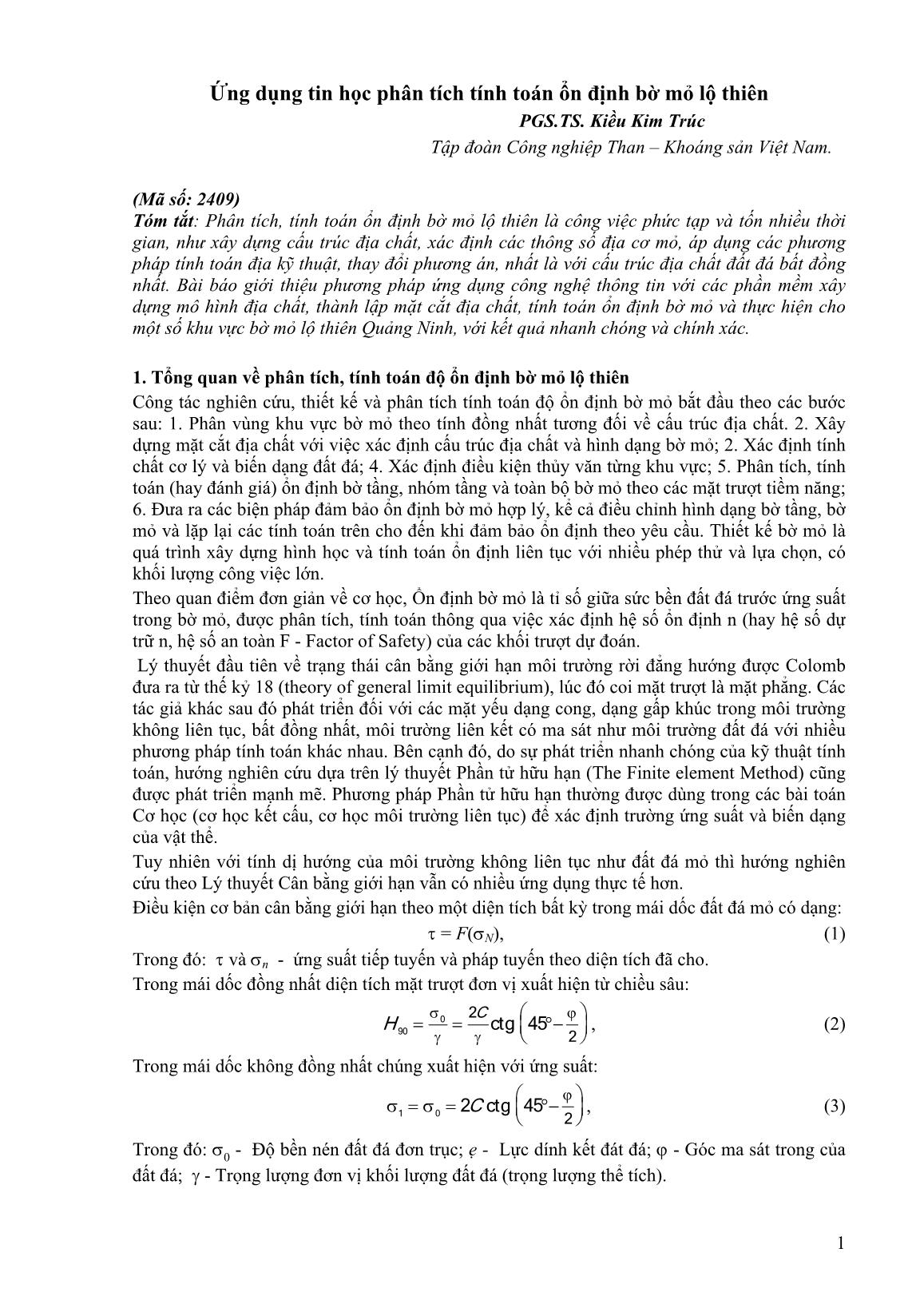 Ứng dụng tin học phân tích tính toán ổn định bờ mỏ lộ thiên trang 1