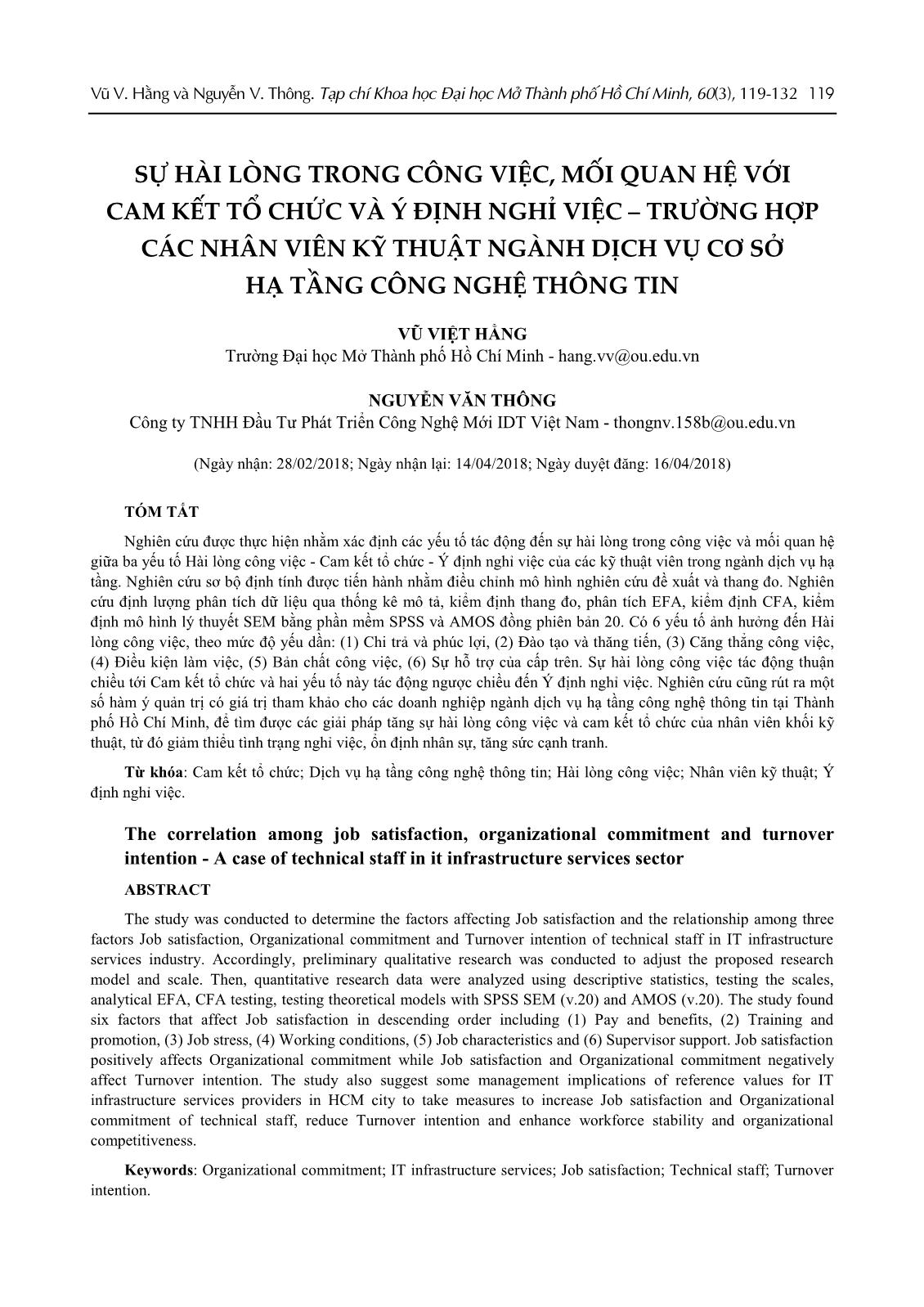 Sự hài lòng trong công việc, mối quan hệ với cam kết tổ chức và ý định nghỉ việc – trường hợp các nhân viên kỹ thuật ngành dịch vụ cơ sở hạ tầng công nghệ thông tin trang 1