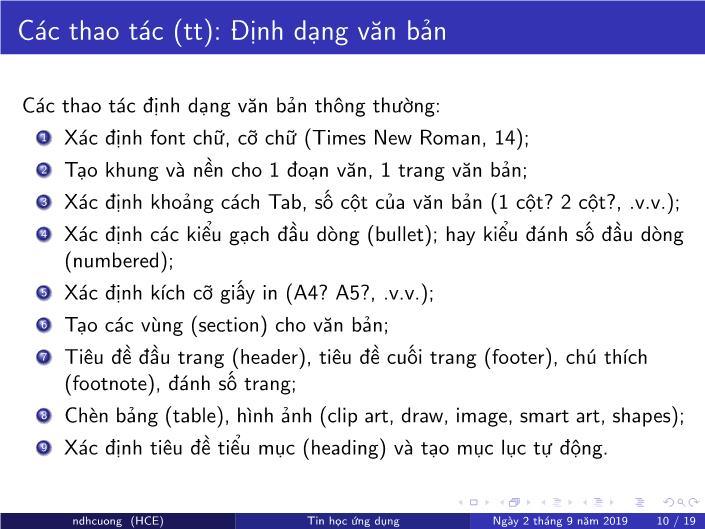 Bài giảng Tin học ứng dụng - Chương 3: Soạn thảo văn bản bằng MS Word - Năm học 2019-2020 - Nguyễn Đình Hoa Cương trang 10