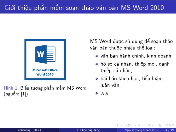 Bài giảng Tin học ứng dụng - Chương 3: Soạn thảo văn bản bằng MS Word - Năm học 2019-2020 - Nguyễn Đình Hoa Cương trang 4