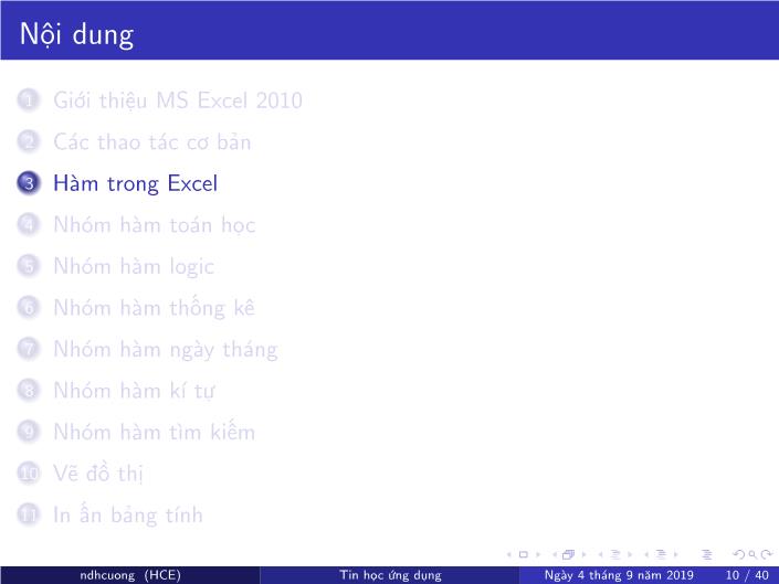 Bài giảng Tin học ứng dụng - Chương 4: Bảng tính MS Excel - Năm học 2019-2020 - Nguyễn Đình Hoa Cương trang 10