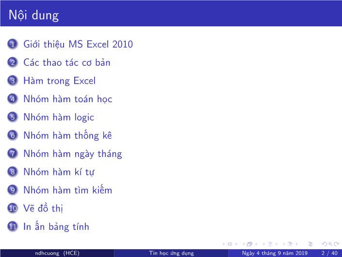 Bài giảng Tin học ứng dụng - Chương 4: Bảng tính MS Excel - Năm học 2019-2020 - Nguyễn Đình Hoa Cương trang 2