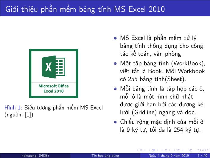 Bài giảng Tin học ứng dụng - Chương 4: Bảng tính MS Excel - Năm học 2019-2020 - Nguyễn Đình Hoa Cương trang 4