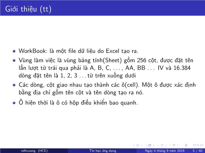 Bài giảng Tin học ứng dụng - Chương 4: Bảng tính MS Excel - Năm học 2019-2020 - Nguyễn Đình Hoa Cương trang 5