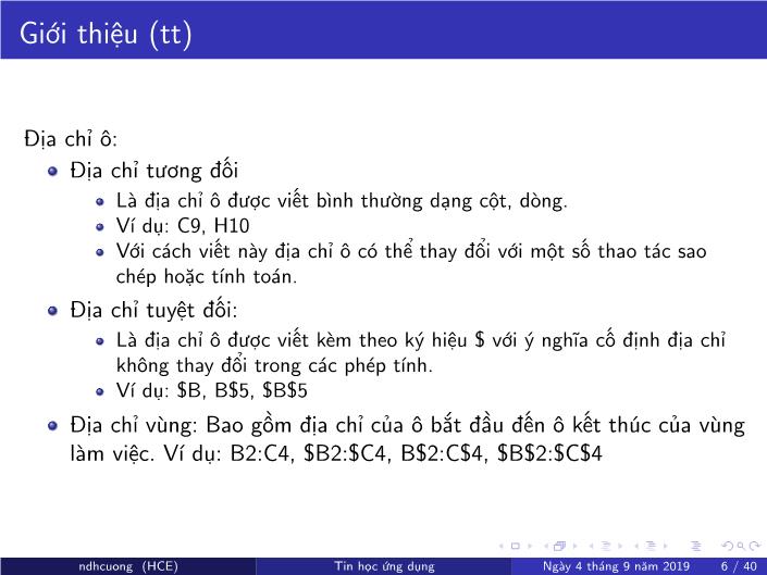 Bài giảng Tin học ứng dụng - Chương 4: Bảng tính MS Excel - Năm học 2019-2020 - Nguyễn Đình Hoa Cương trang 6