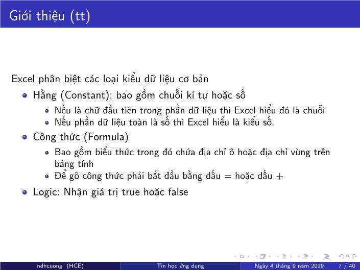 Bài giảng Tin học ứng dụng - Chương 4: Bảng tính MS Excel - Năm học 2019-2020 - Nguyễn Đình Hoa Cương trang 7