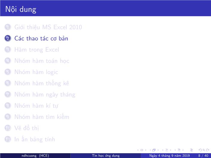 Bài giảng Tin học ứng dụng - Chương 4: Bảng tính MS Excel - Năm học 2019-2020 - Nguyễn Đình Hoa Cương trang 8