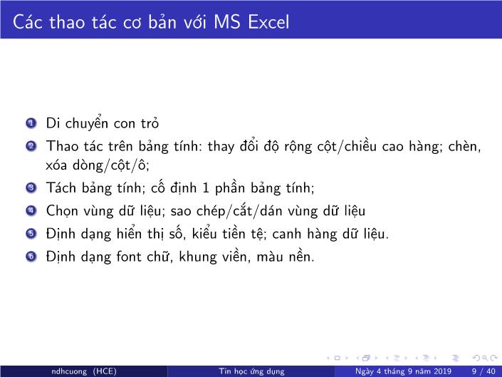 Bài giảng Tin học ứng dụng - Chương 4: Bảng tính MS Excel - Năm học 2019-2020 - Nguyễn Đình Hoa Cương trang 9