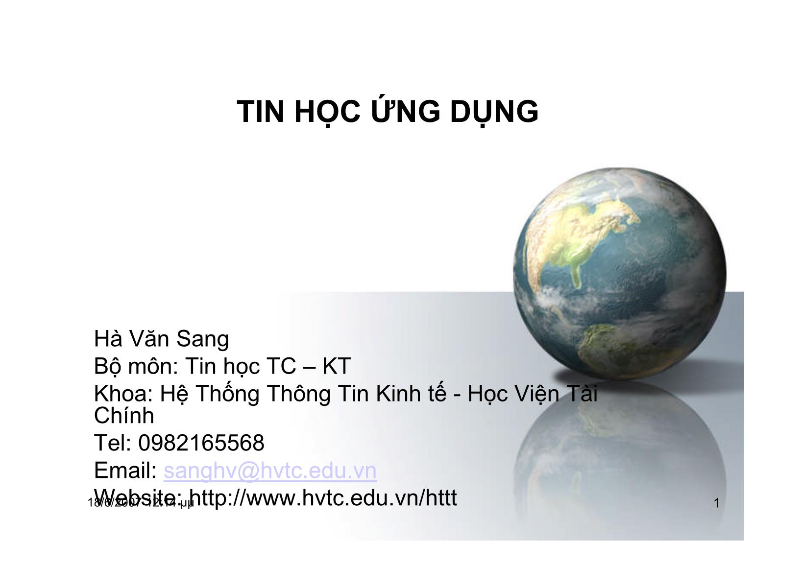 Bài giảng Tin học ứng dụng - Chương II: Soạn thảo văn bản - Hà Văn Sang trang 1