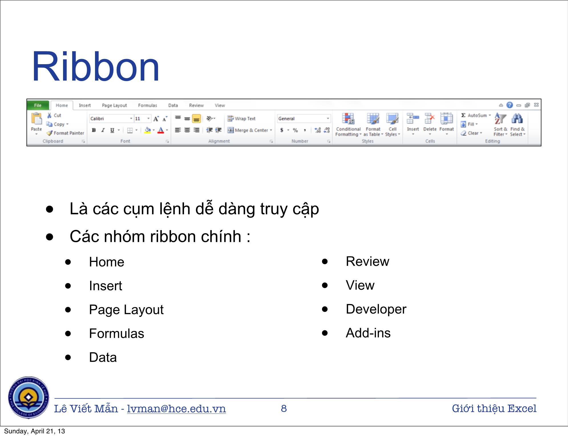 Bài giảng Tin học ứng dụng nâng cao - Bài: Giới thiệu bảng tính điện tử Excel - Lê Viết Mẫn trang 8