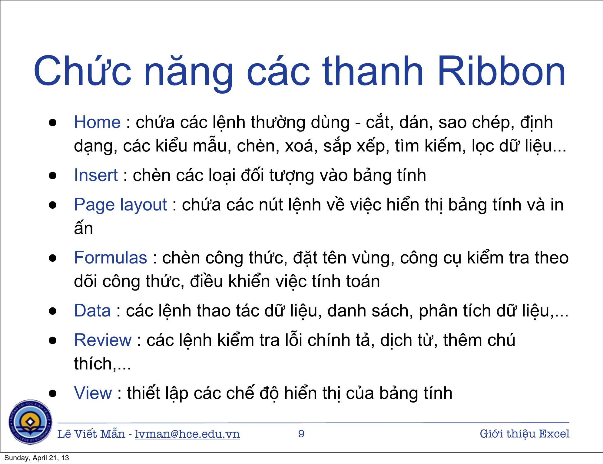 Bài giảng Tin học ứng dụng nâng cao - Bài: Giới thiệu bảng tính điện tử Excel - Lê Viết Mẫn trang 9