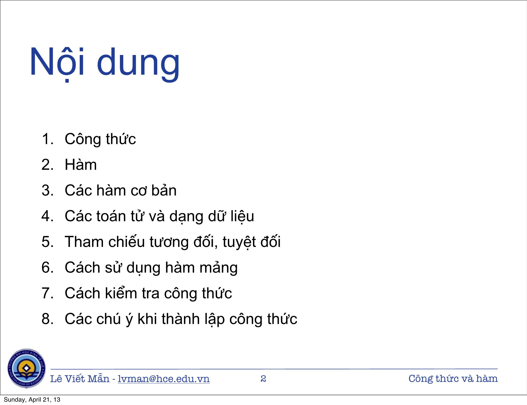 Bài giảng Tin học ứng dụng nâng cao - Bài: Công thức và hàm - Lê Viết Mẫn trang 2