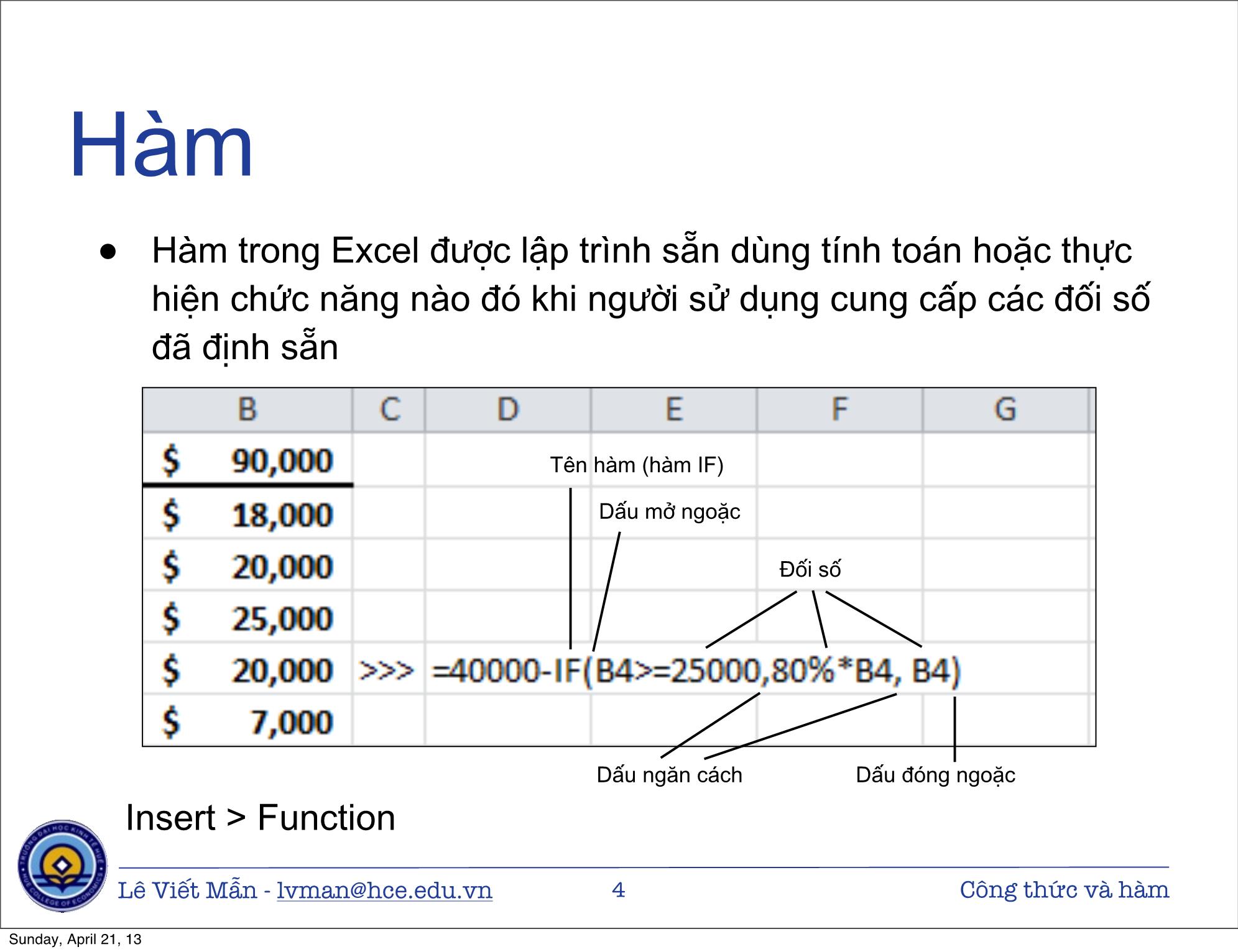 Bài giảng Tin học ứng dụng nâng cao - Bài: Công thức và hàm - Lê Viết Mẫn trang 4