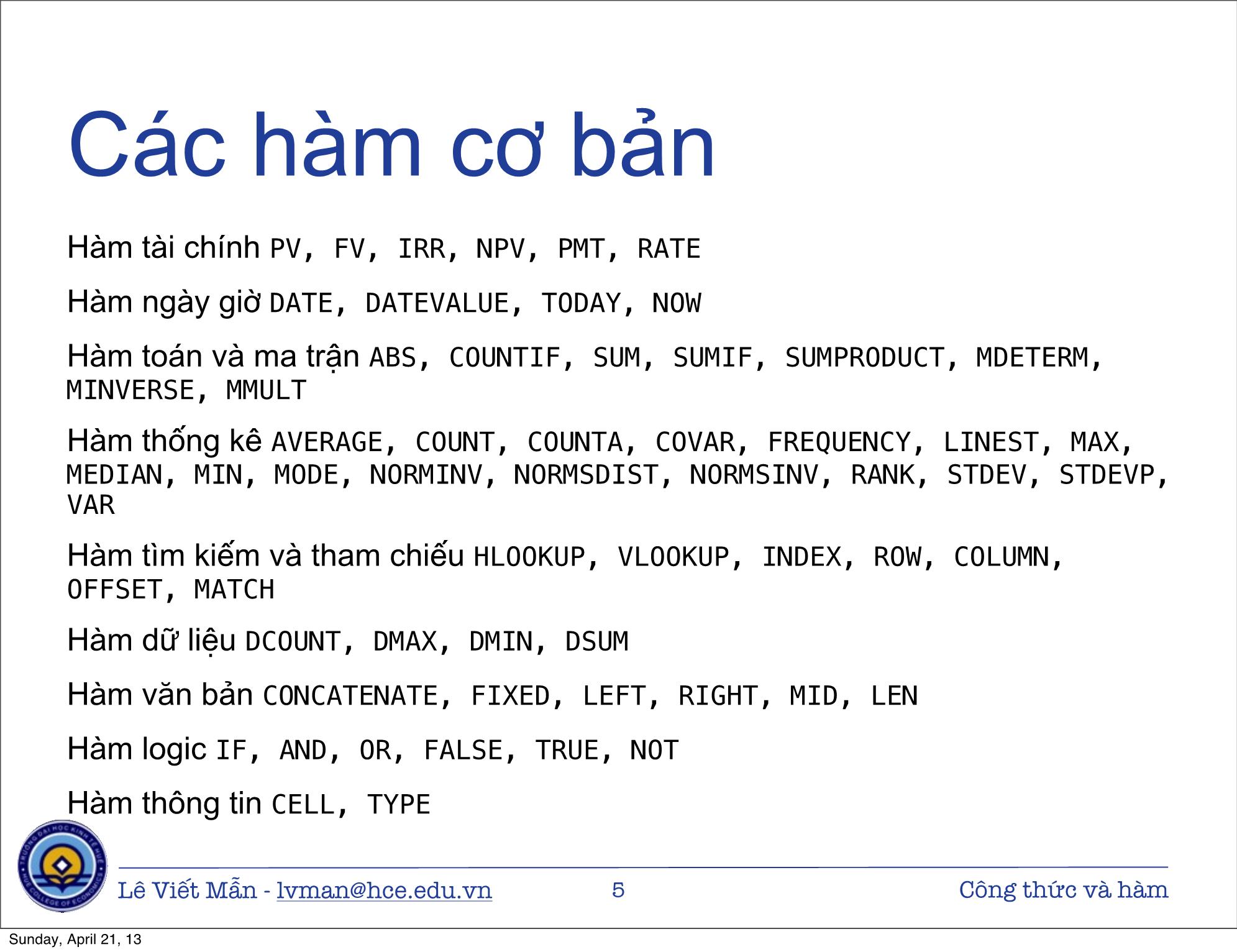 Bài giảng Tin học ứng dụng nâng cao - Bài: Công thức và hàm - Lê Viết Mẫn trang 5