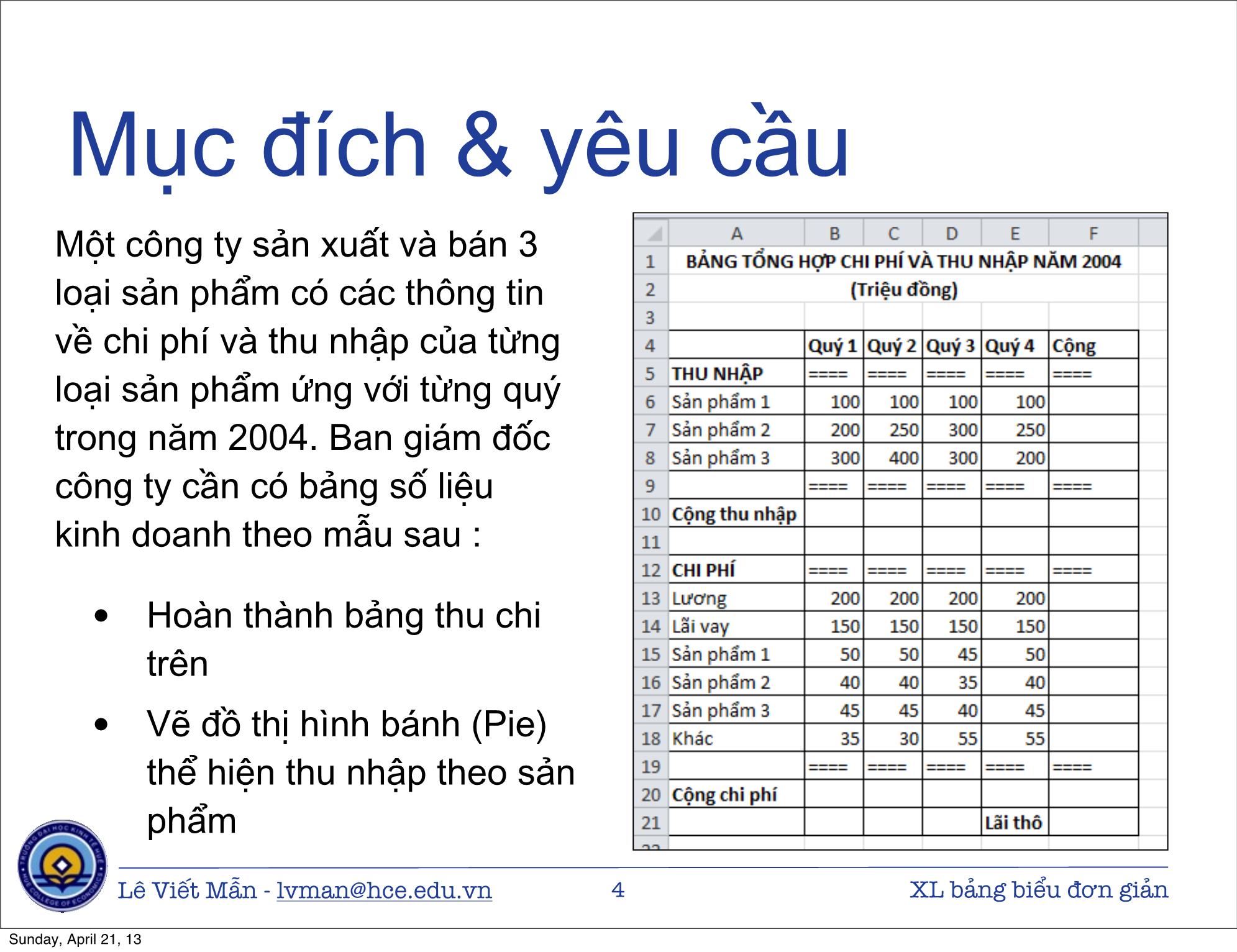 Bài giảng Tin học ứng dụng nâng cao - Bài: Xử lý bảng biểu kinh tế đơn giản - Lê Viết Mẫn trang 4