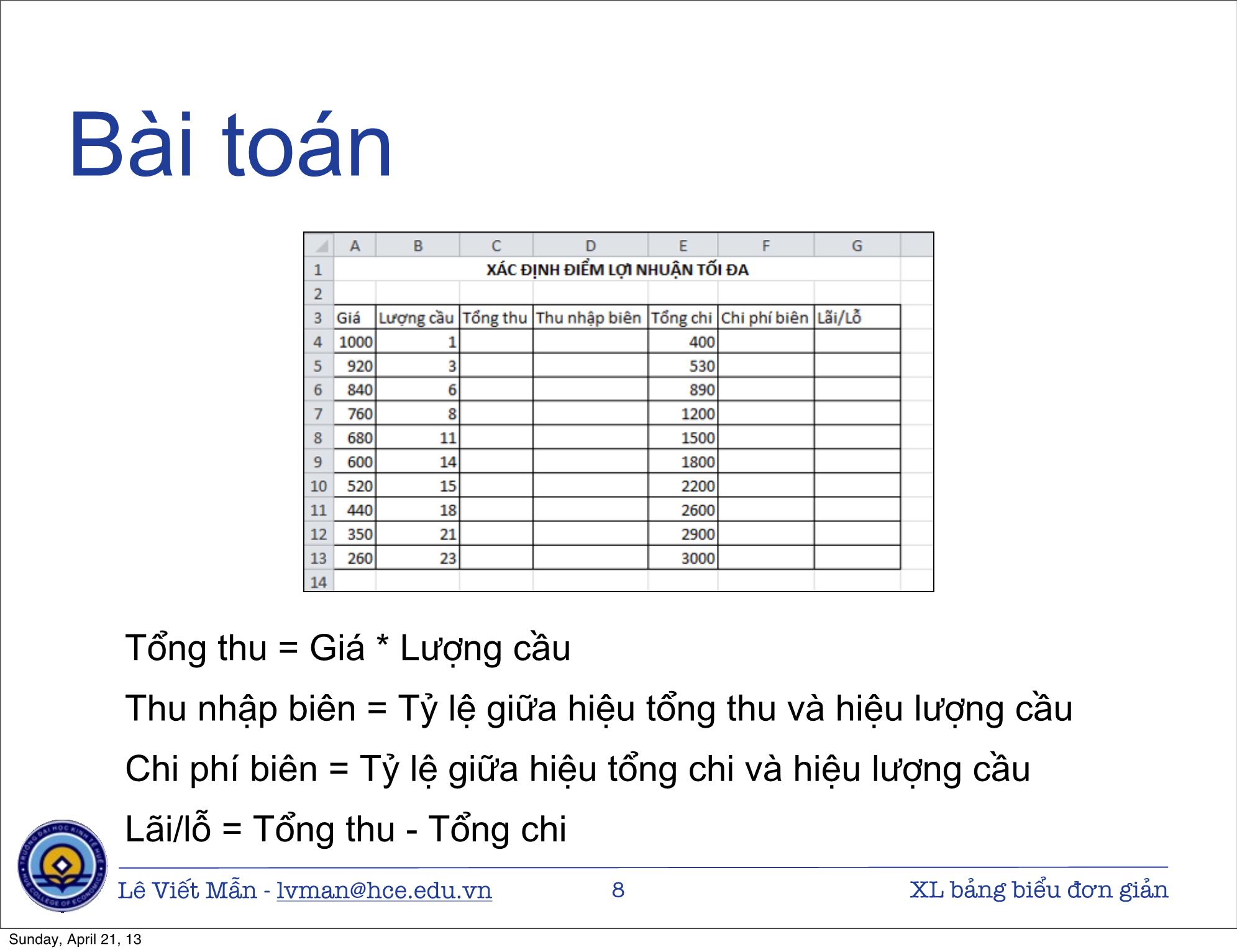 Bài giảng Tin học ứng dụng nâng cao - Bài: Xử lý bảng biểu kinh tế đơn giản - Lê Viết Mẫn trang 8