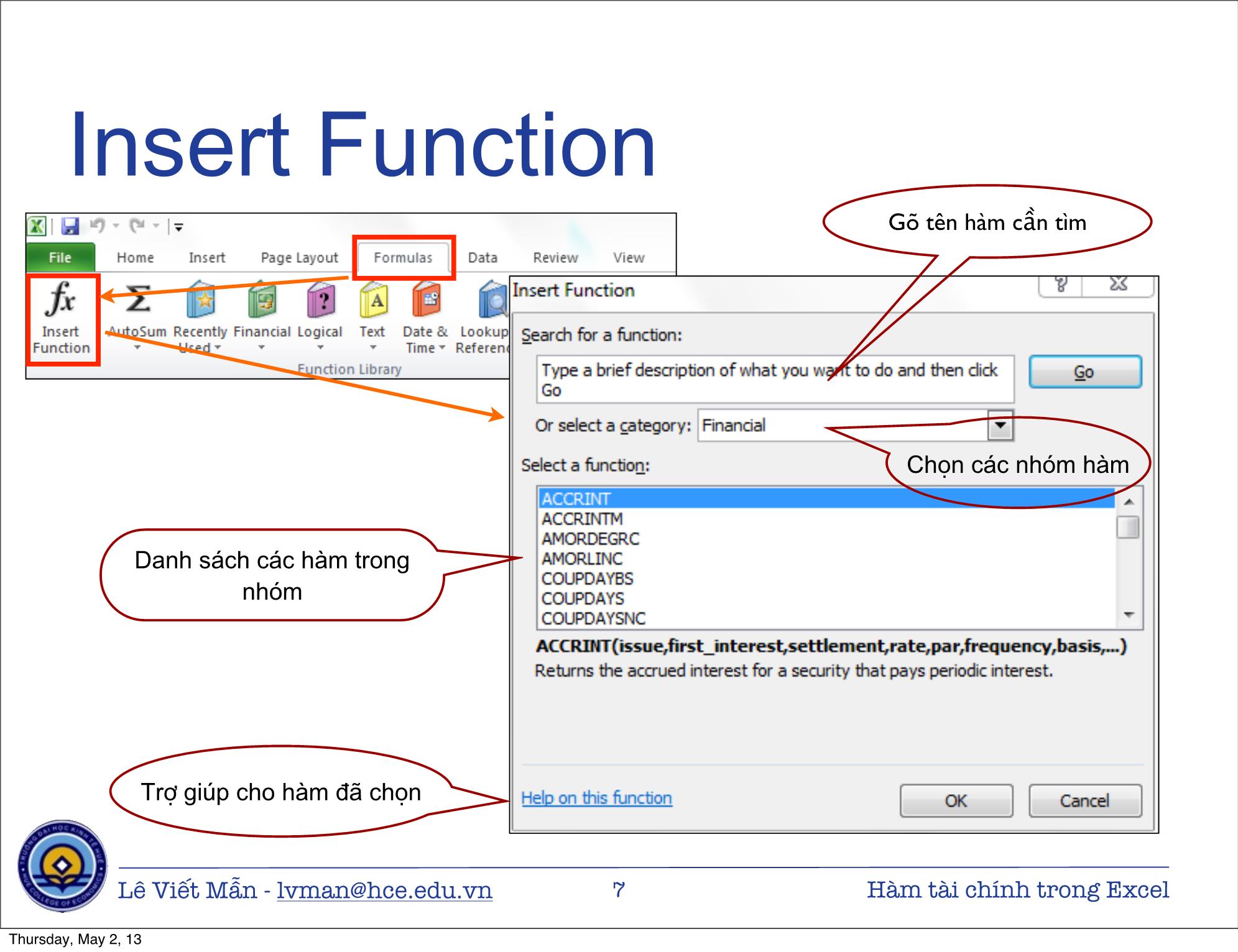 Bài giảng Tin học ứng dụng nâng cao - Bài: Hàm tài chính trong Excel - Lê Viết Mẫn trang 7