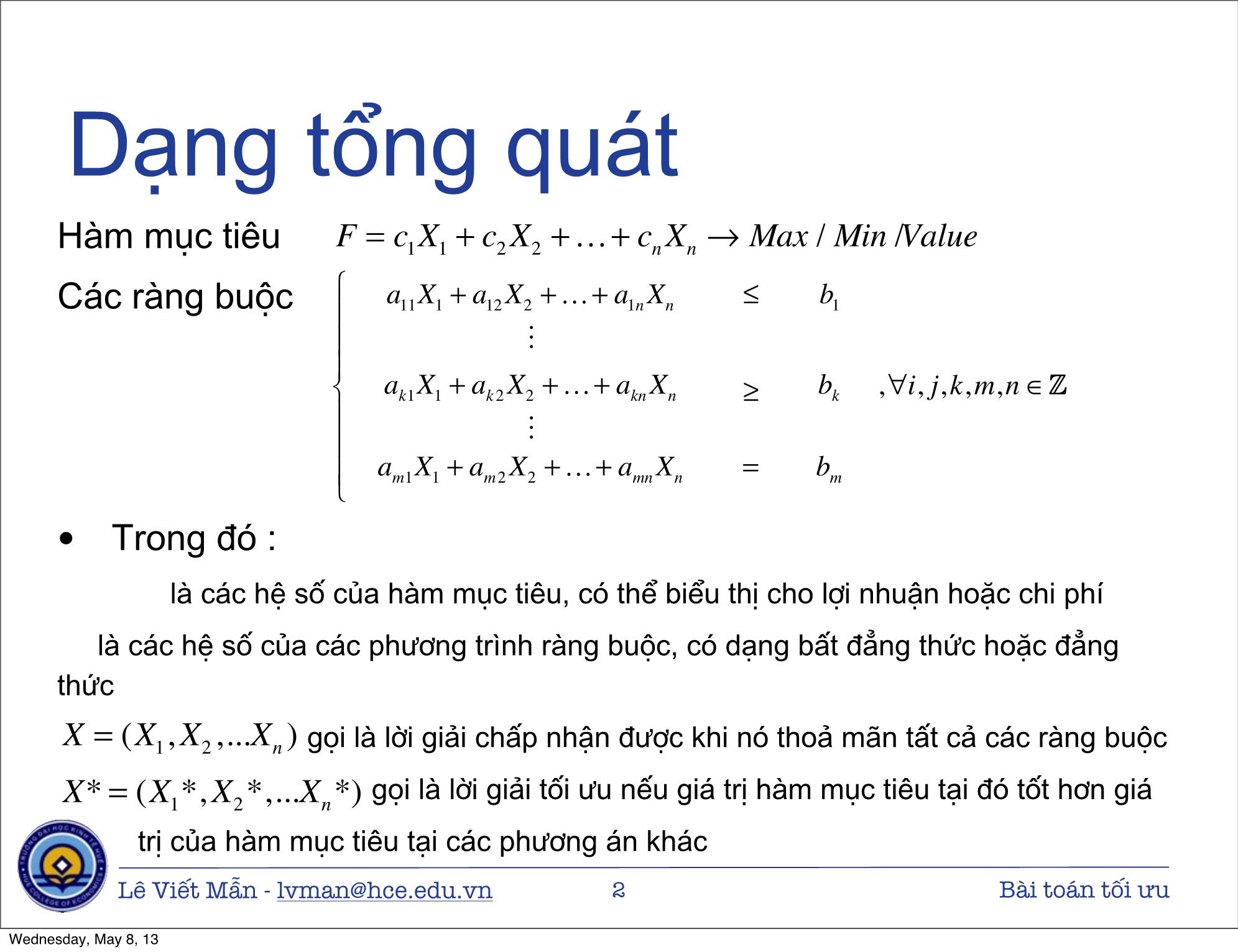 Bài giảng Tin học ứng dụng nâng cao - Bài: Bài toán tối ưu - Lê Viết Mẫn trang 2