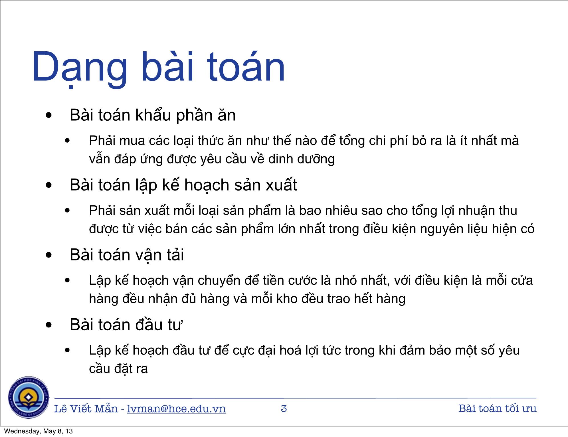 Bài giảng Tin học ứng dụng nâng cao - Bài: Bài toán tối ưu - Lê Viết Mẫn trang 3