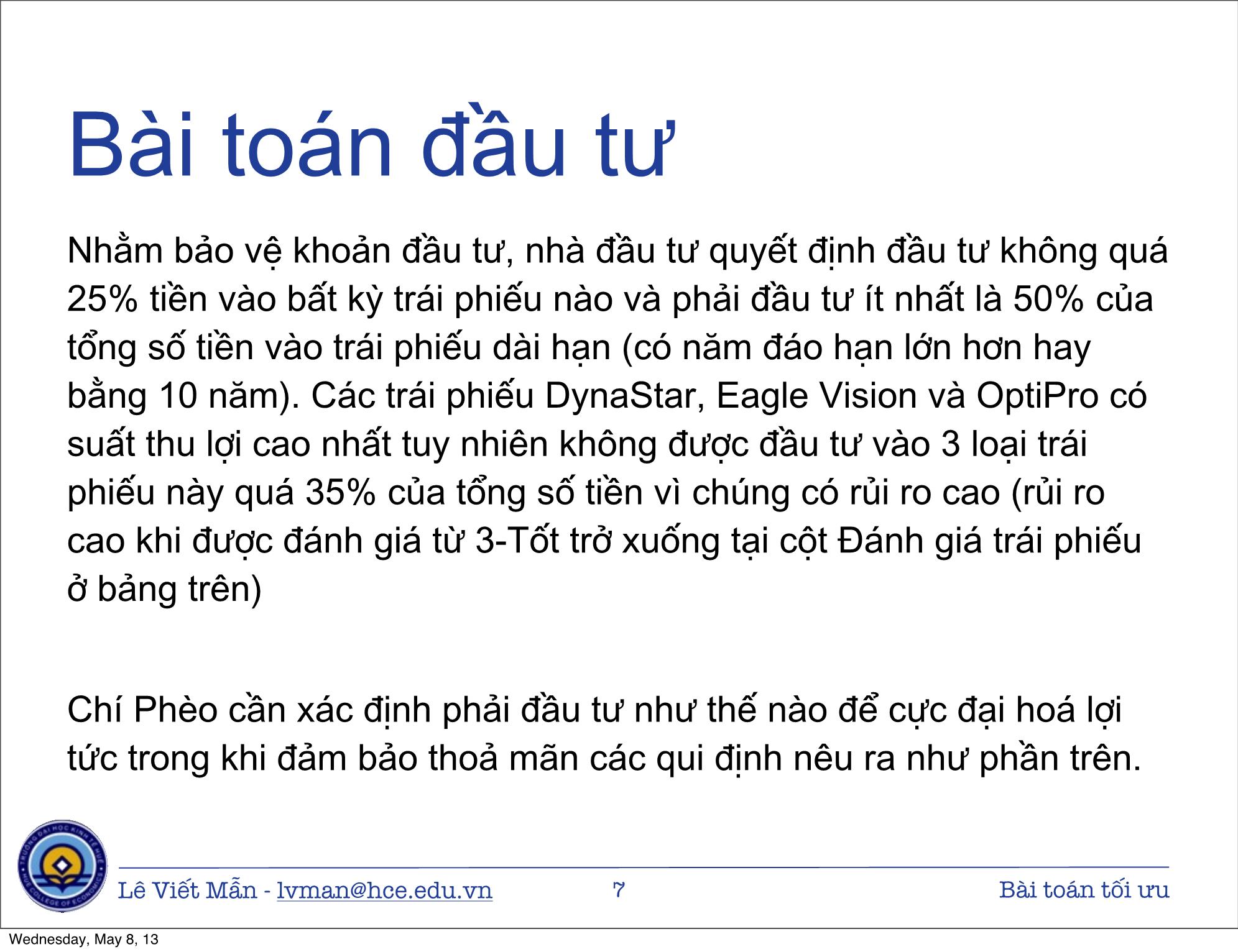 Bài giảng Tin học ứng dụng nâng cao - Bài: Bài toán tối ưu - Lê Viết Mẫn trang 7