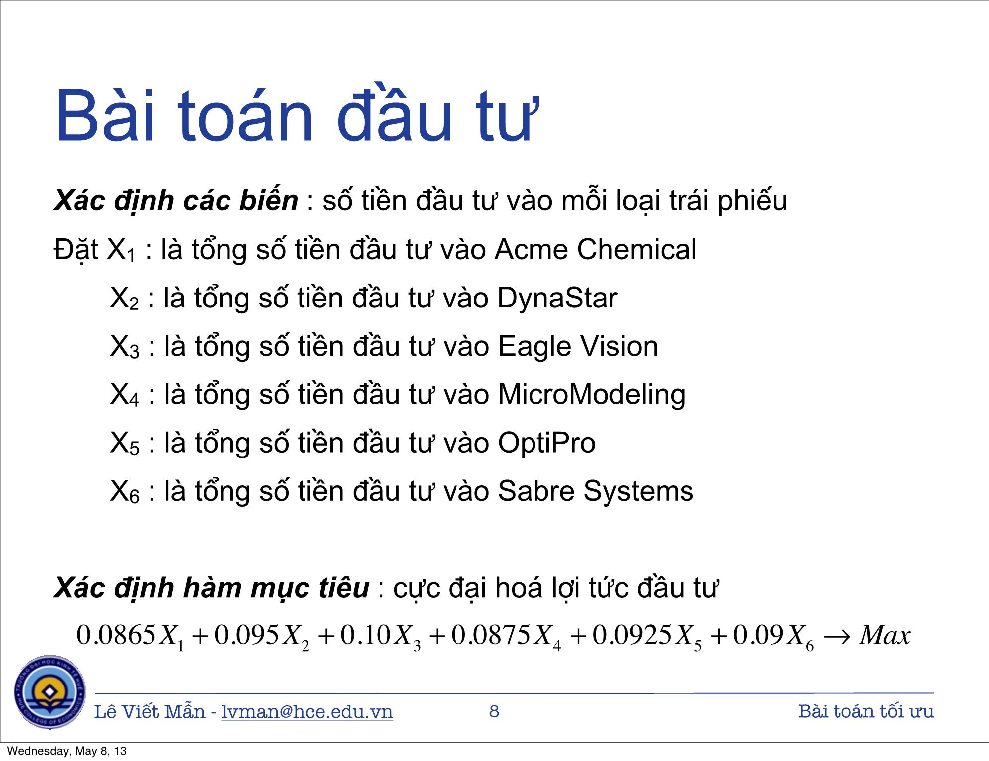 Bài giảng Tin học ứng dụng nâng cao - Bài: Bài toán tối ưu - Lê Viết Mẫn trang 8