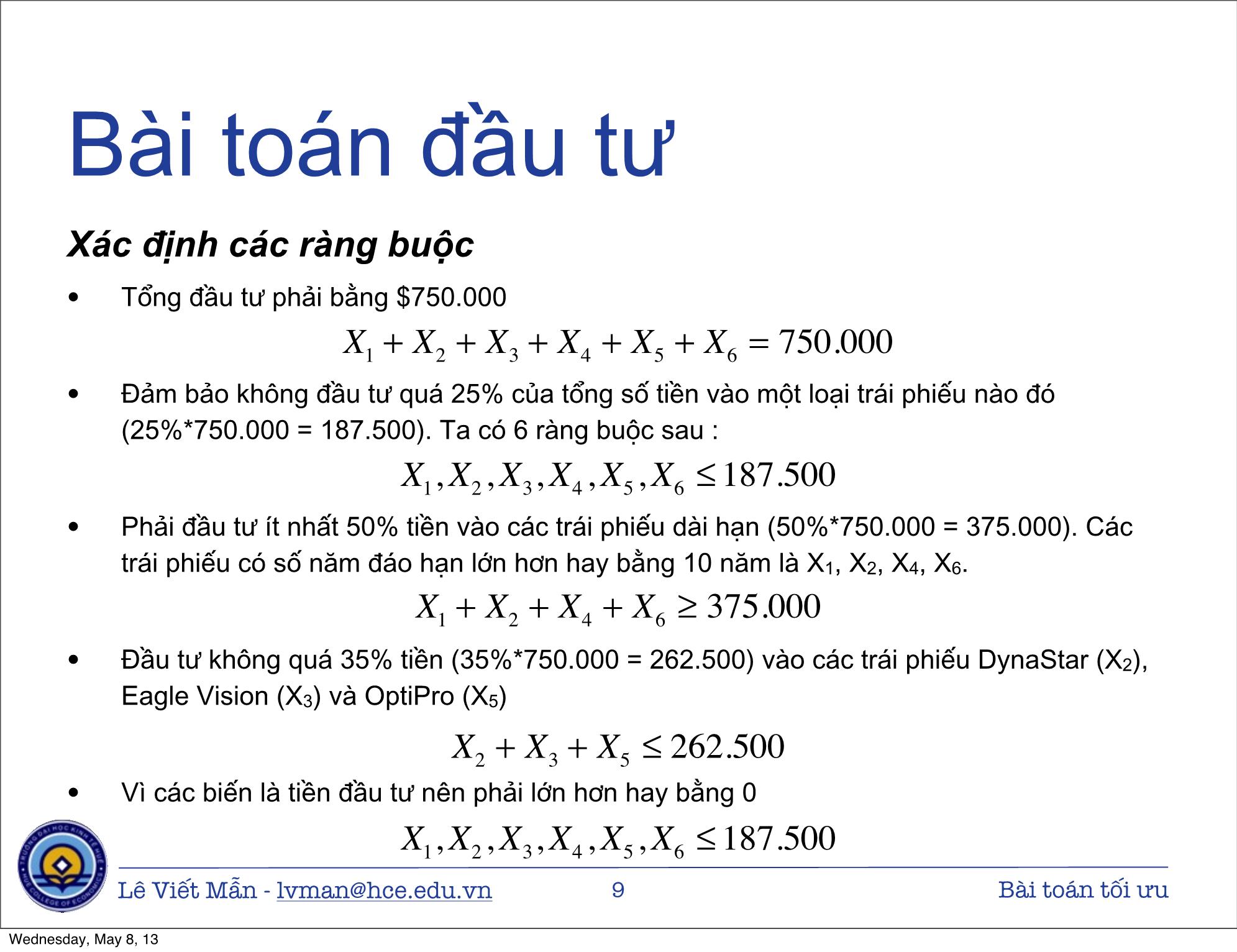 Bài giảng Tin học ứng dụng nâng cao - Bài: Bài toán tối ưu - Lê Viết Mẫn trang 9