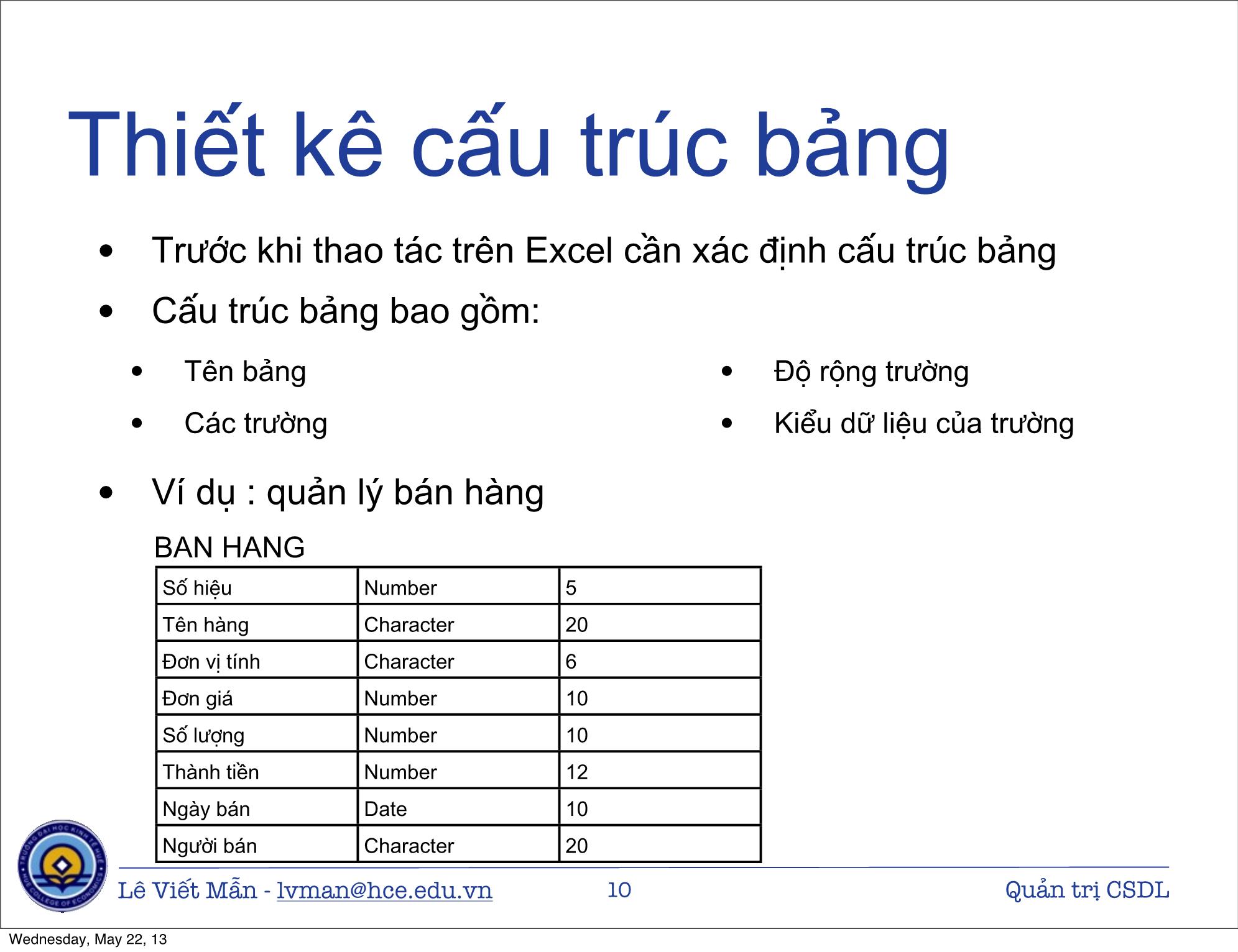 Bài giảng Tin học ứng dụng nâng cao - Bài: Quản trị Cơ sở dữ liệu trong Excel - Lê Viết Mẫn trang 10