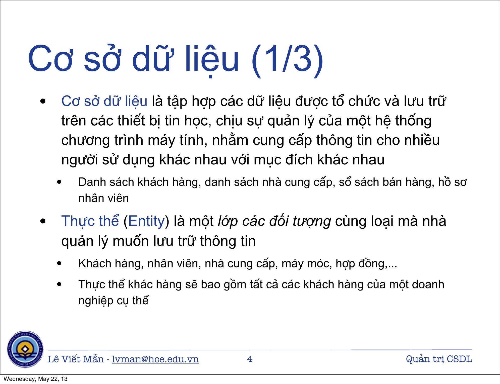 Bài giảng Tin học ứng dụng nâng cao - Bài: Quản trị Cơ sở dữ liệu trong Excel - Lê Viết Mẫn trang 4