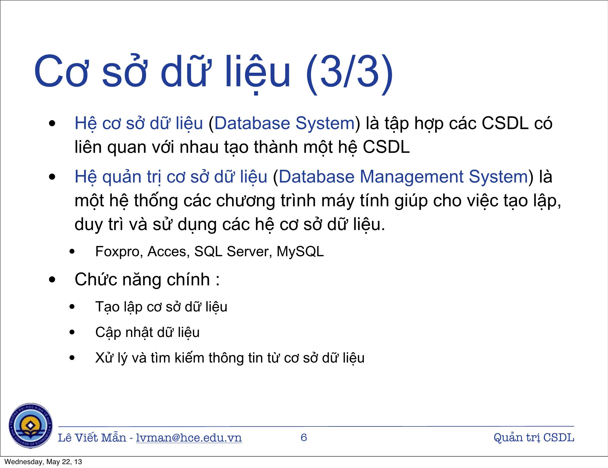 Bài giảng Tin học ứng dụng nâng cao - Bài: Quản trị Cơ sở dữ liệu trong Excel - Lê Viết Mẫn trang 6