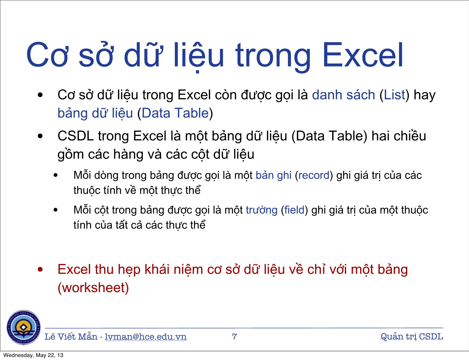 Bài giảng Tin học ứng dụng nâng cao - Bài: Quản trị Cơ sở dữ liệu trong Excel - Lê Viết Mẫn trang 7