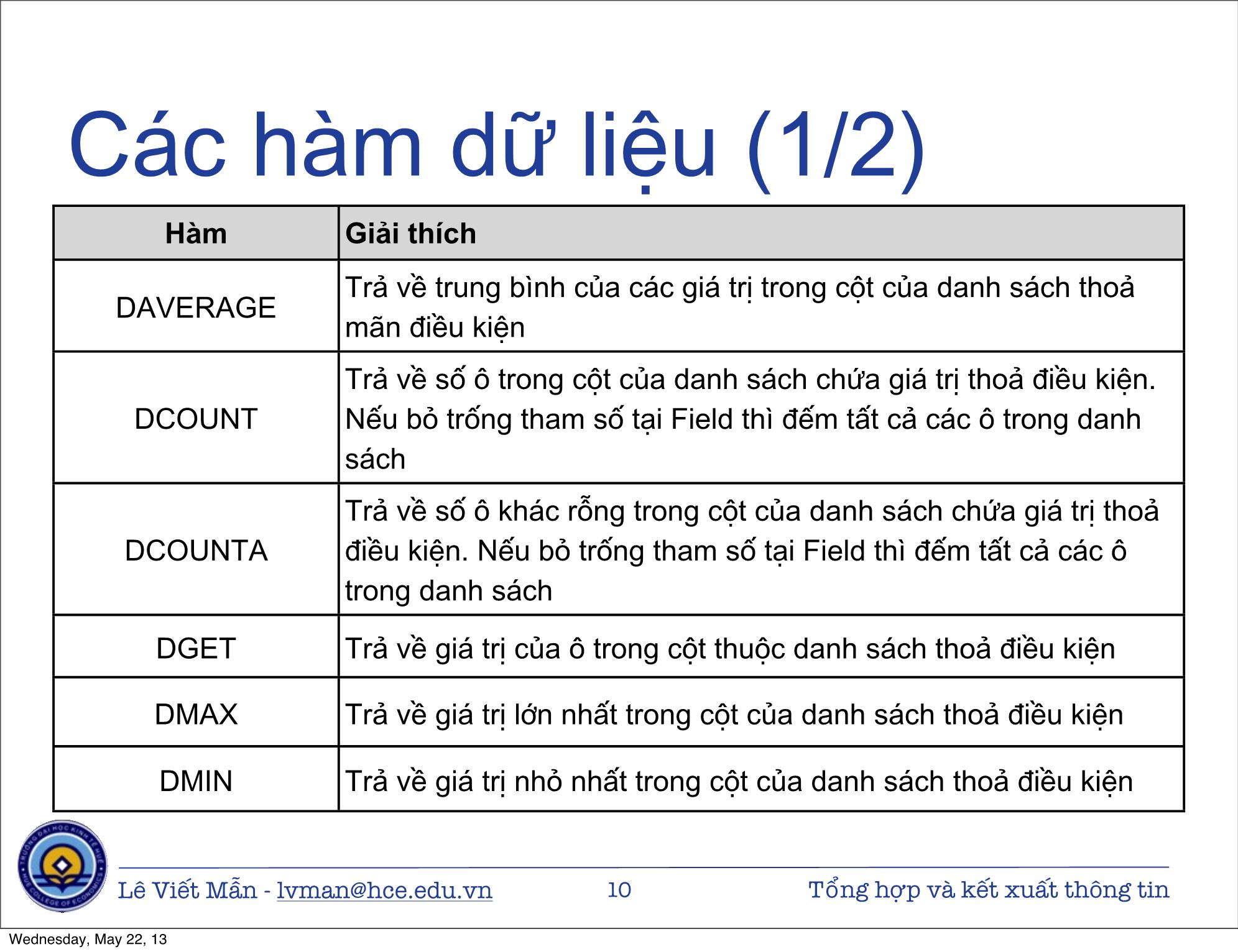 Bài giảng Tin học ứng dụng nâng cao - Bài: Tổng hợp và kết xuất thông tin - Lê Viết Mẫn trang 10