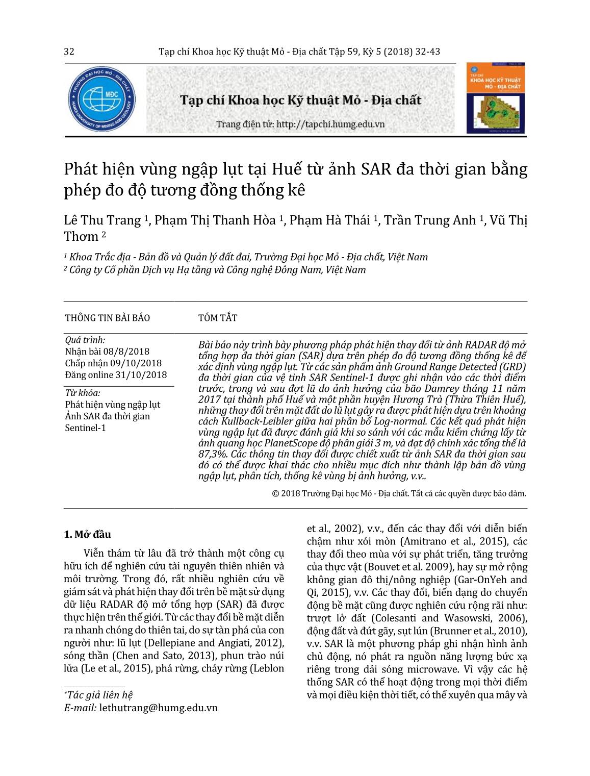 Phát hiện vùng ngập lụt tại Huế từ ảnh SAR đa thời gian bằng phép đo độ tương đồng thống kê trang 1