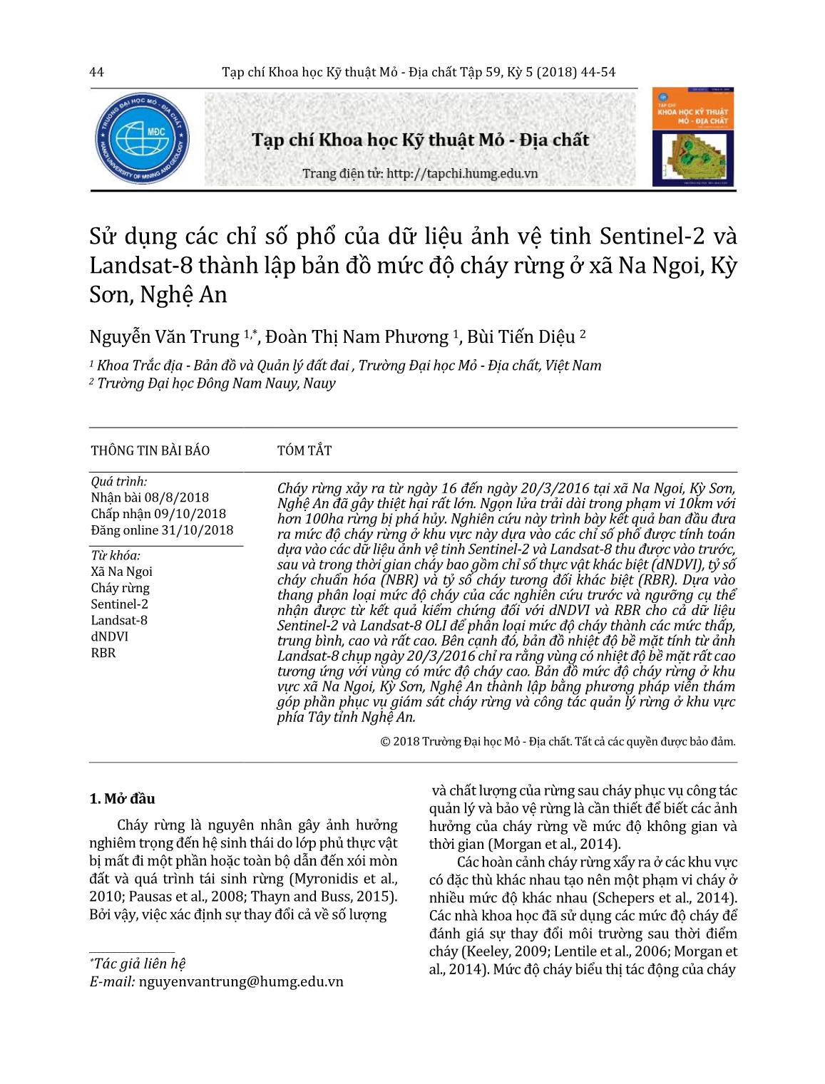 Sử dụng các chỉ số phổ của dữ liệu ảnh vệ tinh Sentinel-2 và Landsat-8 thành lập bản đồ mức độ cháy rừng ở xã Na Ngoi, Kỳ Sơn, Nghệ An trang 1