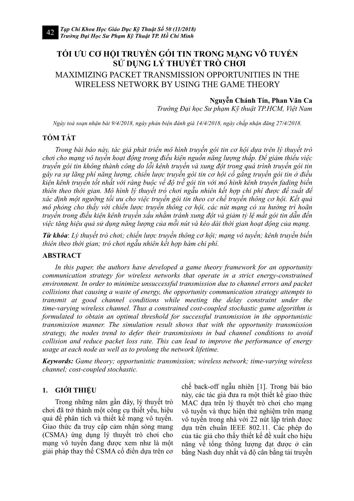 Tối ưu cơ hội truyền gói tin trong mạng vô tuyến sử dụng lý thuyết trò chơi trang 1