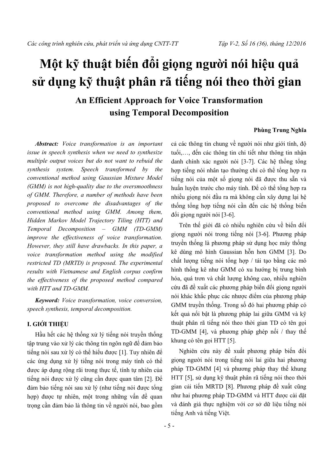 Một kỹ thuật biến đổi giọng người nói hiệu quả sử dụng kỹ thuật phân rã tiếng nói theo thời gian trang 1