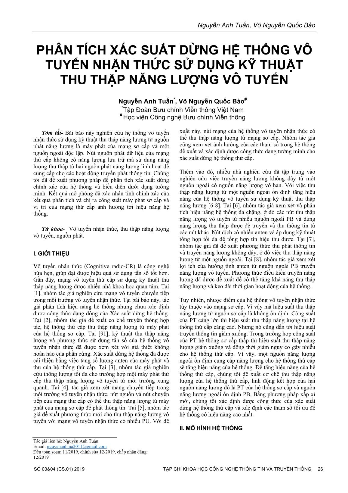 Phân tích xác suất dừng hệ thống vô tuyến nhận thức sử dụng kỹ thuật thu thập năng lượng vô tuyến trang 1