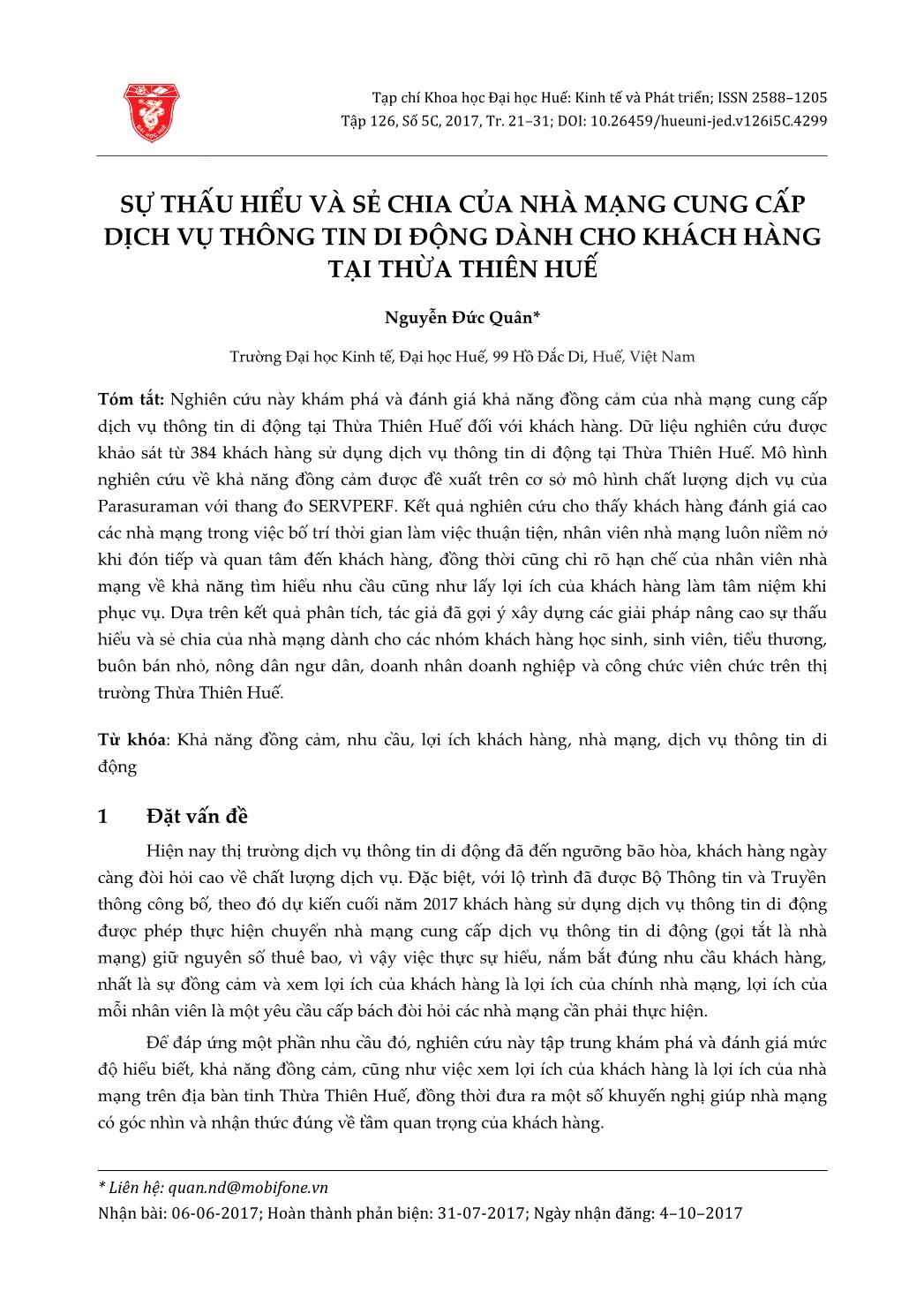 Sự thấu hiểu và sẻ chia của nhà mạng cung cấp dịch vụ thông tin di động dành cho khách hàng tại Thừa Thiên Huế trang 1