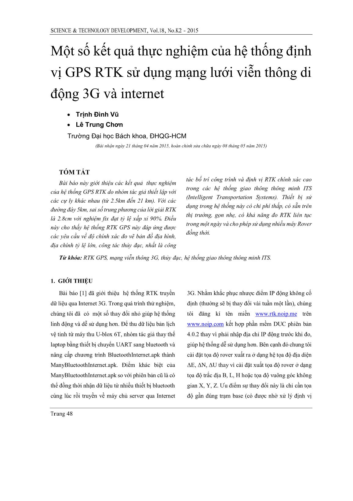 Một số kết quả thực nghiệm của hệ thống định vị GPS RTK sử dụng mạng lưới viễn thông di động 3G và Internet trang 1