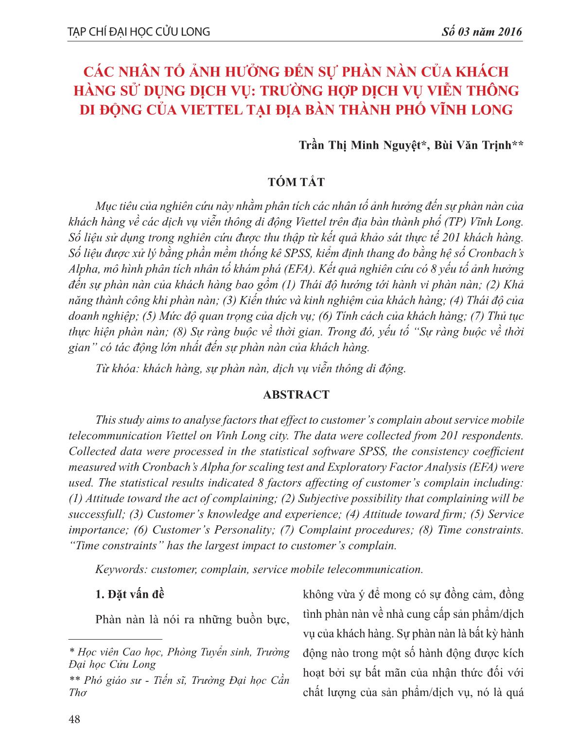 Các nhân tố ảnh hưởng đến sử phàn nàn của khách hàng sủ̉ dụng dịch vụ: Trường hợp dịch vụ viễn thông di động của viettel tại địa bàn Thành phố Vĩnh Long trang 1