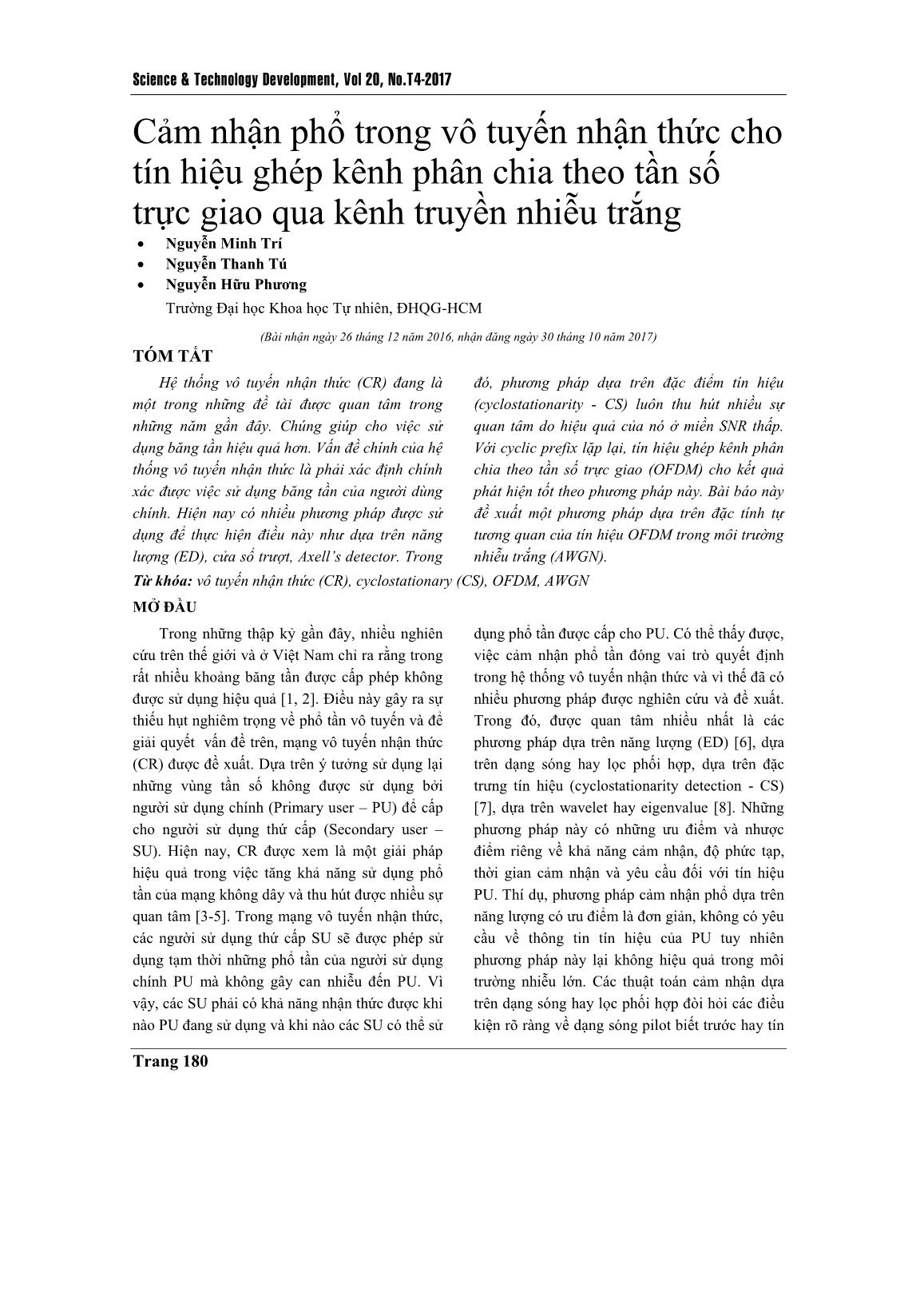 Cảm nhận phổ trong vô tuyến nhận thức cho tín hiệu ghép kênh phân chia theo tần số trực giao qua kênh truyền nhiễu trắng trang 1