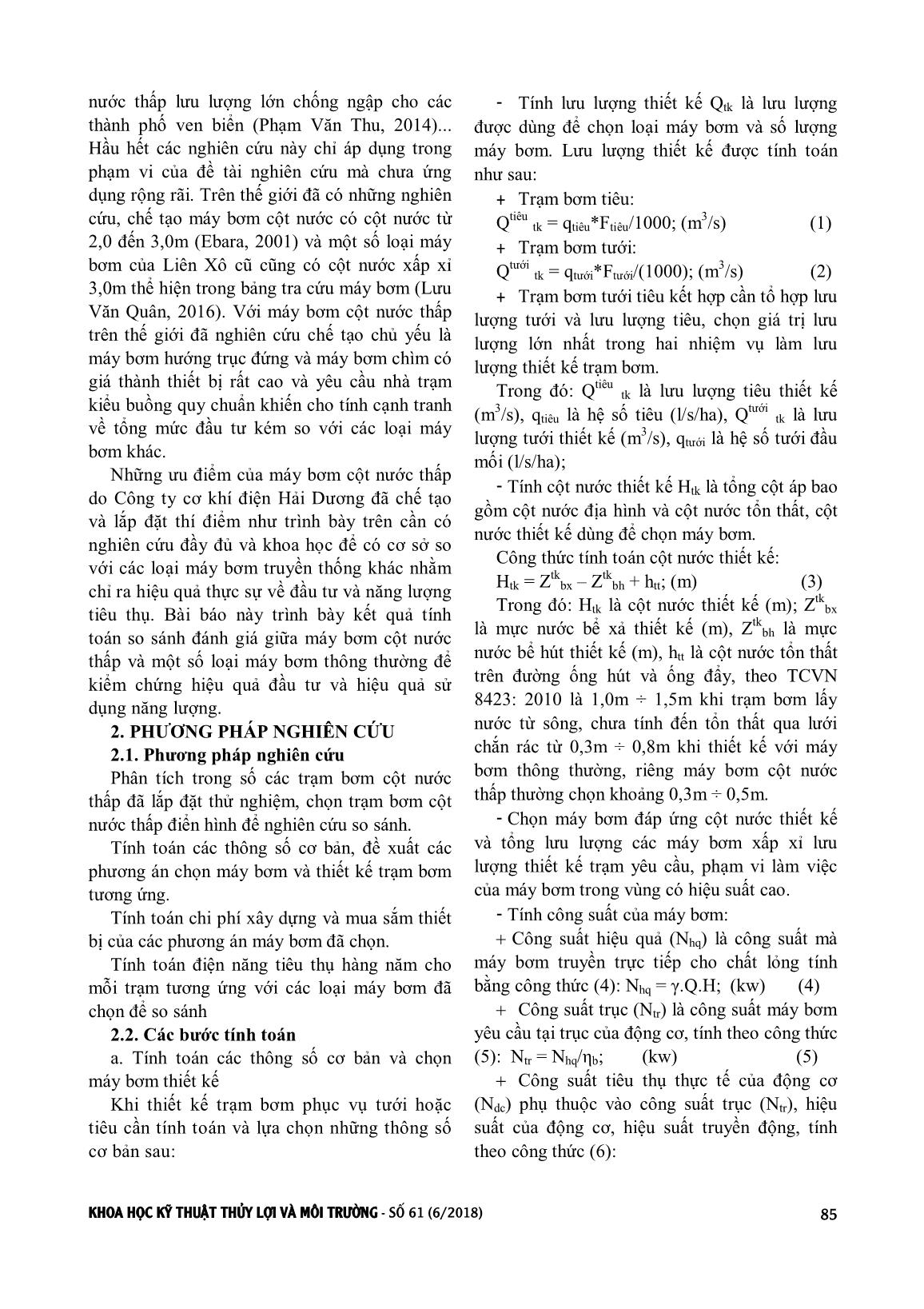 Nghiên cứu đánh giá hiệu quả đầu tư và điện năng tiêu thụ của loại máy bơm cột nước thấp đã lắp đặt trên địa bàn tỉnh Hưng Yên trang 2