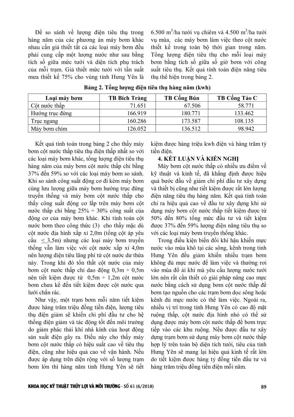 Nghiên cứu đánh giá hiệu quả đầu tư và điện năng tiêu thụ của loại máy bơm cột nước thấp đã lắp đặt trên địa bàn tỉnh Hưng Yên trang 6