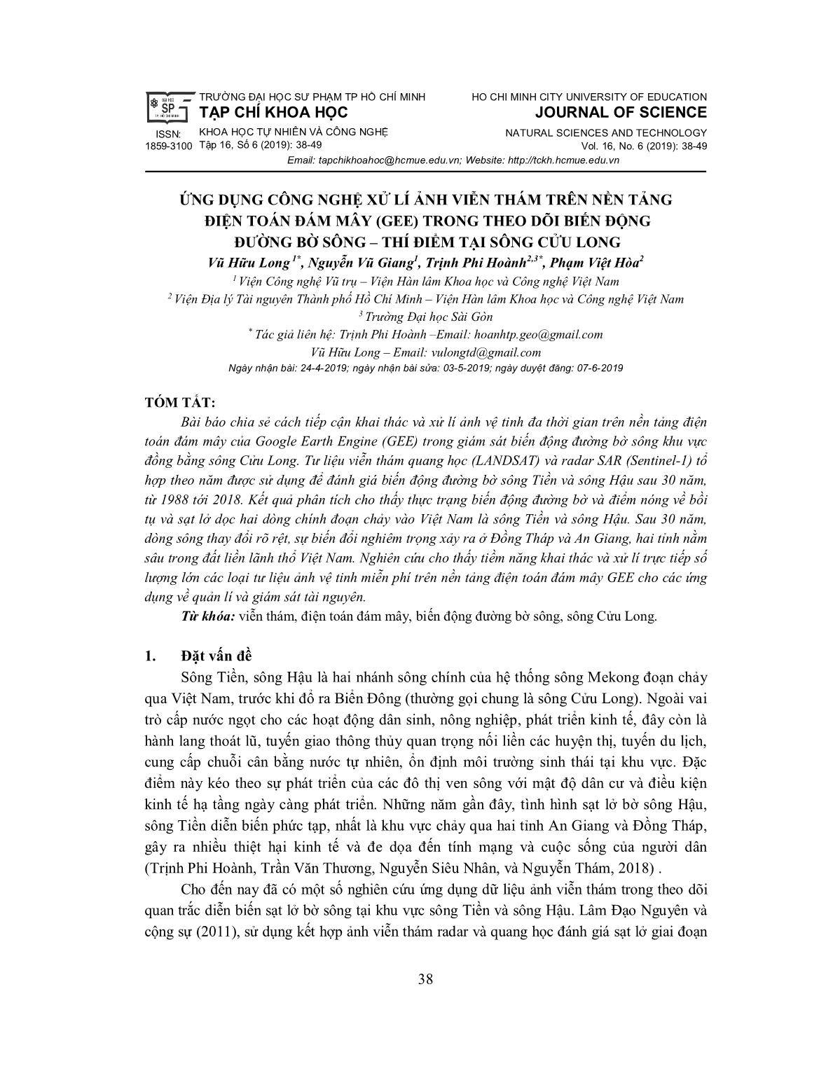 Ứng dụng công nghệ xử lí ảnh viễn thám trên nền tảng điện toán đám mây (Gee) trong theo dõi biến động đường bờ sông – thí điểm tại sông Cửu Long trang 1