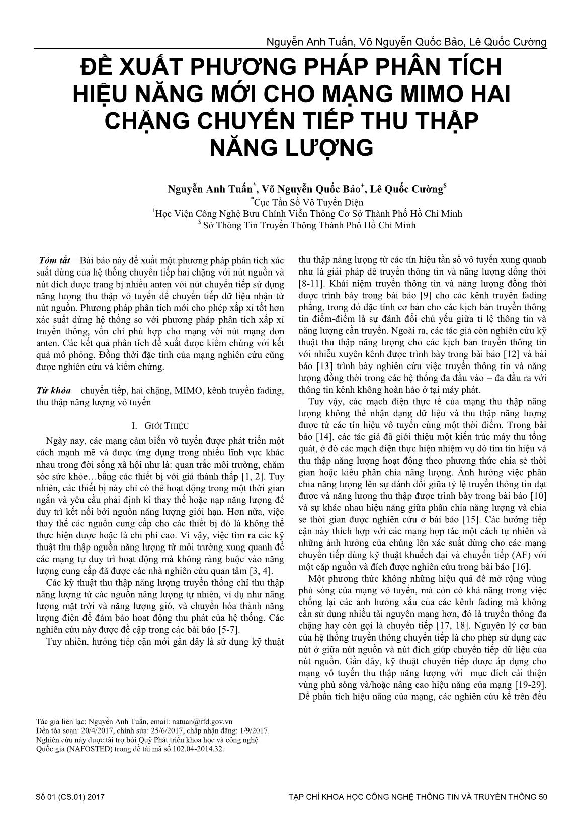 Đề xuất phương pháp phân tích hiệu năng mới cho mạng mimo hai chặng chuyển tiếp thu thập năng lượng trang 1